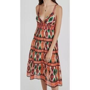 Alice + Olivia Santina Dress Multicolor Silk Blend Smocked Tiered Midi Size 0